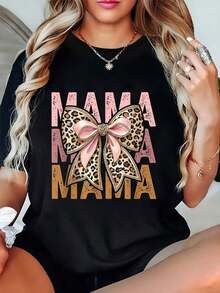 Women's Black Leopard Print T-Shirt With Bow, Round Neck, Casual Cotton T-Shirt, Medium Stretch Knit Fabric, Regular Fit For Ladies, For Spring/Summer/Autumn. - 黑色 - 查看 6