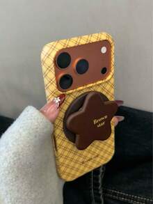 Minimalist Ins Fashion Plaid Star Magnetic Phone Stand Compatible With Apple 17 Pro Max, Women's New Style 16 Premium 15 Film Hard Shell Case, 17 Pro Anti-Drop 16 Pro Protective Cover, Niche 18 18 Pro Max - Yellow - View 5