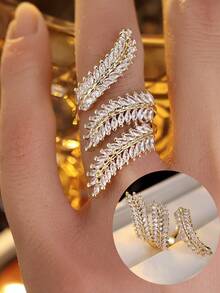 1pc Luxury Wheat Ear Rhinestone Adjustable Open Ring, Gold & Silver Feather Design Finger Ring - Open Ring - View 5