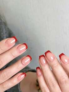 24 piezas de pegatinas de uñas francesas de color borgoña en forma de almendra corta, minimalista y adecuada para el uso diario, apta para fiestas de mujeres, regalos y uso en la oficina, incluye 1 botella de pegamento y 1 lima de uñas - Burdeos - Ver 12