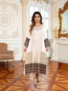 Elegant Gold Beaded Embroidered Arabic Dress, JALABIA Patchwork Hem Round Neck Long Sleeve Cuff Splice Fashion Luxury High-End Dress, 2026 Spring/Summer Fashionable Dress, Traditional Eid Al-Adha Clothing - White - View 7