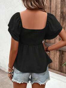 Fashionable Short Sleeve Floral Print Blouse With Ruffled Hem For Women - 黑色 - 查看 4