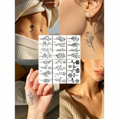 6pcs Ins Style Artistic Temporary Tattoo Stickers, Minimalist Black Patterns With Rose & Lily Elements, Suitable For DIY Hand, Shoulder, Back, Waist Daily Decoration, Photography, Dates, Travel And Daily Life