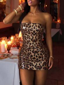 Leopard Print Elegant Sheer Backless Zipper Vacation Beach Dress - Coffee Brown - View 3