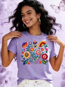 Mexican-Style T-Shirt With A Colorful Floral Print Featuring Festive Motifs, Casual Short-Sleeved Top With A Round Neck For Women. DWRM - 淺紫色 - 查看 4