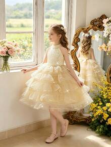 Đầm bé gái không tay, cổ yếm đính ngọc trai giả, màu sâm panh, sequin và voan, kiểu dáng thanh lịch, thích hợp cho tiệc sinh nhật, lễ tốt nghiệp, trình diễn thời trang, tiệc tối. Hướng sequin ngẫu nhiên, không bao gồm băng đô. - Rượu sâm banh - Xem 5