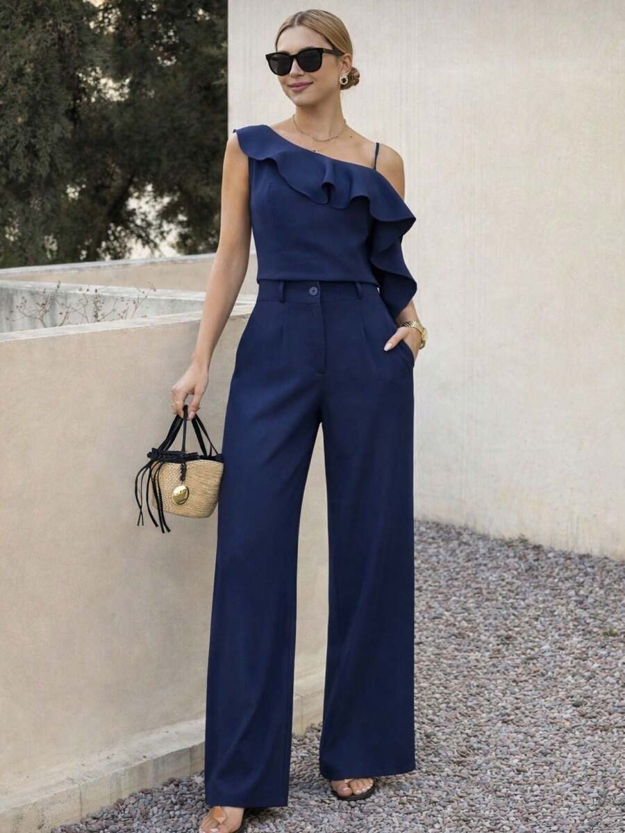A&DD FASHION, Reference Number: Y493 - Set, Women's Two-Piece Suits, High-Waisted Wide-Leg Pants, Trousers, Camisole, Crop Top, Ruffled Hem Design, Comfortable To Wear, Sophisticated Look, High Quality, Stylish Look, Versatile, Elegant Style, Two-Piece Suits, Casual Chic Look, Comfortable And Stylish, Pants With Pockets, Elegant Suits, Perfect For Spring And Summer, Blogger Style, Casual And Formal, Suitable For All Occasions, Elegant And Fashionable, Feminine Look, Summer 2025 Collection. - 藏蓝色 - 查看 1