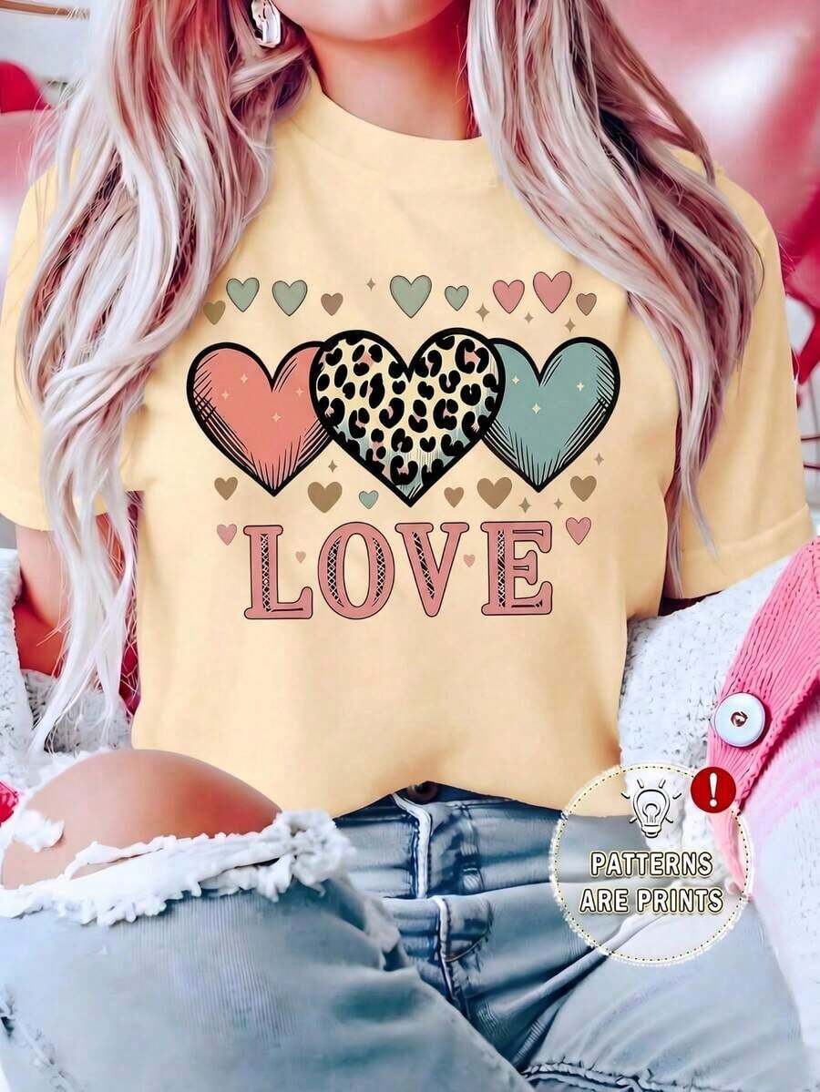 Camiseta Casual de Poliéster para Mujer, Cuello Redondo, Manga Corta, Largo Regular, con Estampado de Leopardo y Gráfico de Corazón, Camisetas Gráficas de Verano para Mujer - Albaricoque - Ver 1