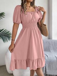 Women's Square Neck Ruffle A-Line Dress Short Sleeve Waist Cinched Casual Summer Midi Dress - Pink - View 6