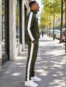 Homme Mens 2 Pc Light Weight Side Stripe Two Piece Co-Ord Track Jacket And Track Pant Set Ankle Zipper - Olive White - View 2