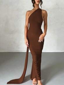 Vestido de fiesta elegante de verano para mujer, de un solo hombro, ajustado y con espalda descubierta, de unicolor - Marrón - Ver 3