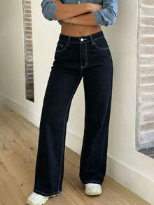 Celana Jeans Wanita Kasual Model Lurus dengan Motif Cuci - Hitam - View 2