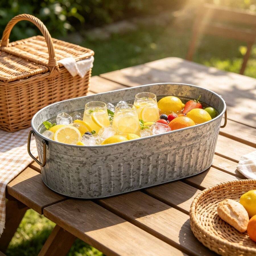 Galvanized Oval Tub 4 Gallon, Heavy Duty Vintage Metal Ice Bucket, Indoor Outdoor Rustic Oval Storage Tub For BBQ Picnic Wedding Home Decor - Single - View 1