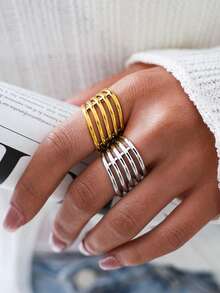 Uself 2 piezas/1 pieza Anillos de acero inoxidable para mujer, diseño de línea torcida minimalista, joyería antidecoloración, baja alergia, adecuado para estilo Y2K y uso diario, tamaño ajustable, joyería occidental, marca para mujer, regalo de vacaciones - Multicolor - Ver 6