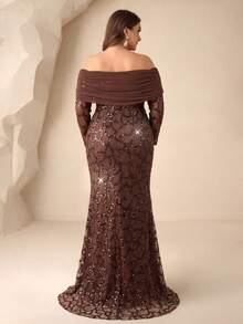 [Cắt ngẫu nhiên] Đầm sequin tay dài lệch vai, eo thắt - màu nâu - Xem 5