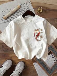 | Exquisite Design | Loose And Comfortable | Easy To Match | [Double-Sided Print] Fashionable Women's Top, Women's Summer Clothing, Chinese Style, Koi Fish And Lotus Flower Print, Pure Cotton Short-Sleeved Round Neck T-Shirt [LangK] - 白色 - 查看 2