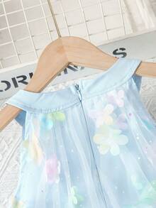 女童无袖露背宽松彩色碎花网纱公主裙，后背拉链，适合8-12岁女孩，适合派对、度假、休闲夏季穿着 - 淺藍色 - 查看 5