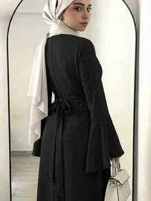 Olive Green Loose Long Sleeve Elegant Women's Dress, Casual Daily Wear Black - Black - View 4