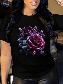 Women's Short-Sleeved Cotton T-Shirt, Beautiful Roses, Lovely Flowers At Night, Printed Round Neck Short-Sleeved T-Shirt, Casual And Modern Fashion For Women. - 黑色 - 查看 6