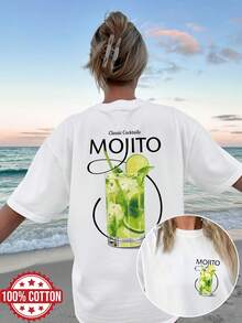 Women's Casual Summer Top With Double-Sided Drinks-Themed Prints And A Mojito Design, This Oversized Short-Sleeved T-Shirt Has A Round Neck And Dropped Shoulders. - White - View 1