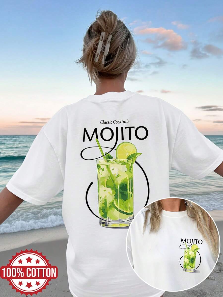Women's Casual Summer Top With Double-Sided Drinks-Themed Prints And A Mojito Design, This Oversized Short-Sleeved T-Shirt Has A Round Neck And Dropped Shoulders. - White - View 1