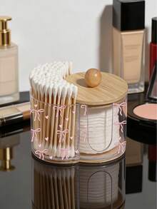 Caja de almacenamiento de plástico transparente con tapa de bambú con patrón de lazo rosa 2 en 1, organizador de cosméticos de escritorio con doble orificio redondo, organizador de maquillaje de doble compartimento transparente - Multicolor - Ver 5