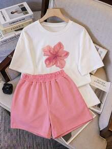 Conjunto set 2 Piezas de Verano Camiseta con estampado de Flor Hibisco y Shorts de Cintura Elástica French Terry ultra comodo liguero estilo ideal casual diario dulce - Rosa - Ver 1