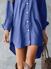 Plus Size Women's Denim Blue Long Sleeve Polyester Button-Up Shirt Dress, Turn Collar, High-Low Design, With Pockets - Denim Blue - View 4