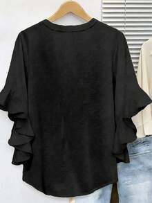 Plus Size Women V-Neck Solid Color Ruffle Trim Casual Blouse Black - Black - View 3