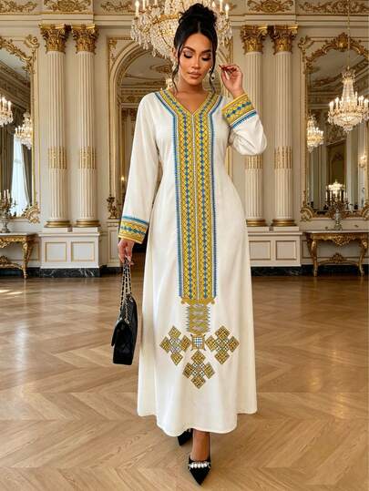 AIJ Women's V-Neck Long Sleeve Embroidered Knot Decor Knit Dress Spring