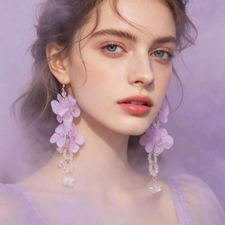 Đôi bông tai dài đính hạt pha lê hình hoa cẩm tú cầu tím mùa hè mới, thích hợp cho phụ nữ đi du lịch, đi biển và nghỉ mát. - Nhiều màu - Xem 1