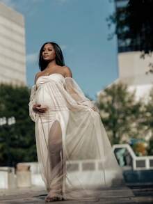 Maternity Chiffon Lantern Sleeve White Dress With Side Slit, Sexy Long Dress Suitable For Baby Shower Party, Photo Shoot Spring - White - View 10