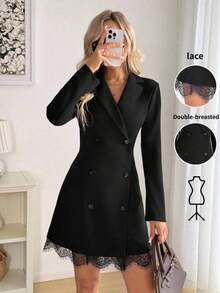 Vestido casual de otoño con doble botonadura, encaje en el dobladillo y falda acampanada, perfecto para look diario y salidas nocturnas - azul real - Ver 8