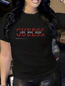 Nueva camiseta de cuello redondo para mujer, manga corta, holgada, casual y versátil con ‌ estampado de rosas azules a la moda ‌ , tejido suave y de buena caída - Negro 2 - Ver 7