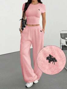 wear Set de 2 prendas de punto ajustadas bordadas para mujer, blancas de verano - Rosa - Ver 7