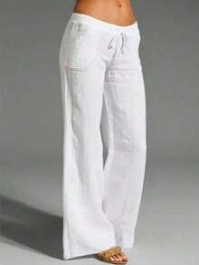 Pantalones casuales de mujer  con textura de lino blanco tipo francés, de flujo suave con bolsillos, para primavera/verano - verde menta - Ver 7