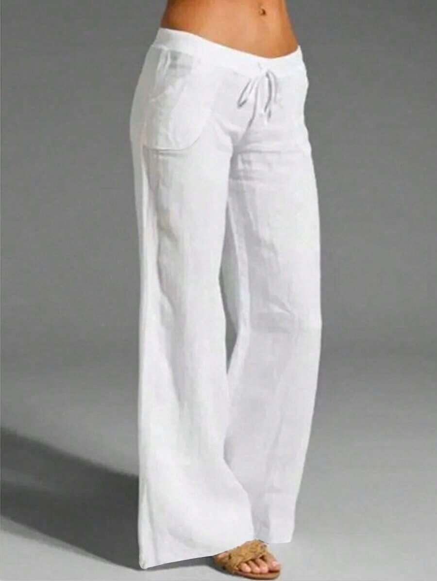 Pantalones casuales de mujer con textura de lino blanco tipo francés, de flujo suave con bolsillos, para primavera/verano - Blanco - Ver 1