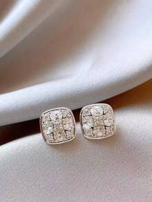 1 Pair Women's Earrings Minimalist Elegant Small Geometric Square Rhinestone Stud Earrings Versatile For Daily Wear And Party - Silver - View 4