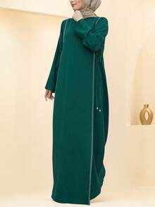 女款綠色水鑽綁帶側開衩長袖伊斯蘭穆斯林長洋裝 Abaya 秋季 - 綠色 - 查看 6