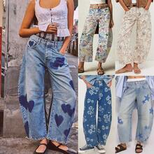 Vintage Floral Print Barrel-Shaped Jeans High-Waisted Wide-Leg Yellow Denim Trousers Vintage Y2K Style Casual Pants - 藍色愛心 - 查看 2
