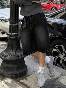 Men's Loose Wide Leg Casual Denim Bermuda Shorts Jorts, Emo Style - Black - View 1