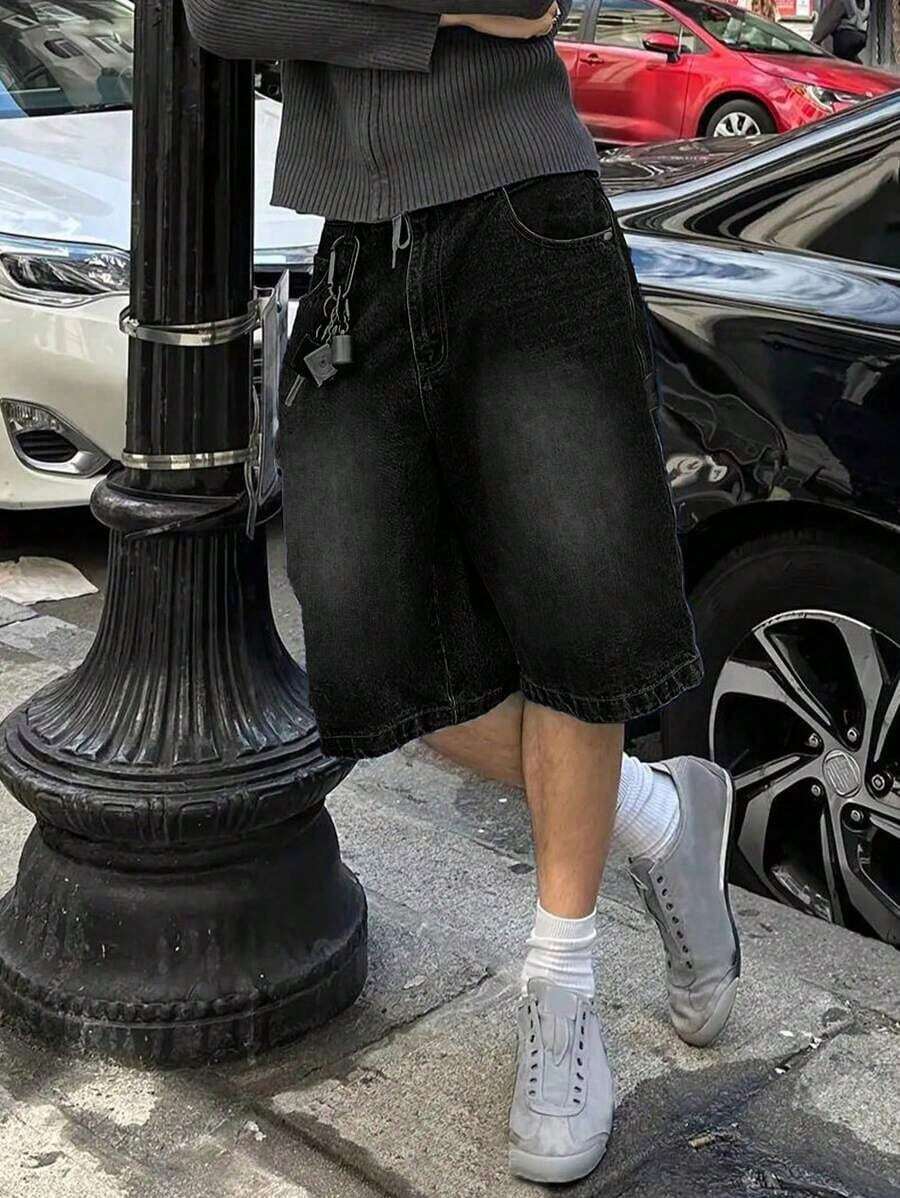 Men's Loose Wide Leg Casual Denim Bermuda Shorts Jorts, Emo Style - Black - View 1