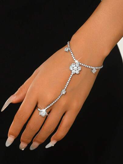 1pc Sparkling Flower Crystal Adjustable Ring & Bracelet Chain Set, Tennis Chain Finger Hand Jewelry For Women, Suitable For Party & Ball Wear
