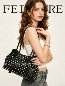 1 pieza Bolso de mano con decoración de correa a lunares negros, bolso de hombro de moda, adecuado para chicas, mujeres, estudiantes universitarias, jóvenes profesionales, excelente para el trabajo, los negocios, el transporte y la escuela - Negro - Ver 8