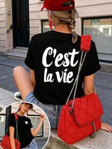 GiftGiftGraphic Tees Women's Short Sleeve T-Shirt, Front And Back Print, European And American Style Letter Print, Round Neck, Summer/Spring Style, Loose Fit, Sexy, Sweet And Cute Women's T-Shirt, Modern And Simple Design, Suitable For Women To Wear On Dates And Meetings, Urban Style Short Sleeve T-Shirt For Women, Lightweight And Breathable Fabric, 100% Cotton. - 黑色 1 - 查看 4