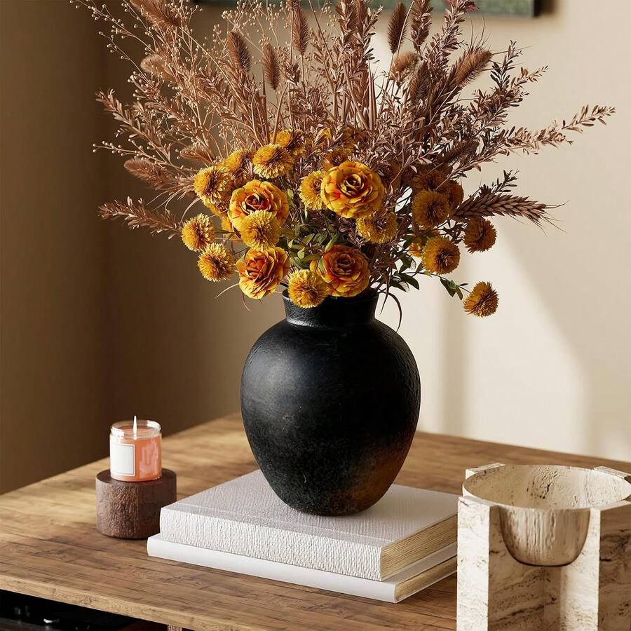 Ceramic Flower Vase, 6 Inch Drative Rustic Vase Farmhouse Boho Vase For Centerpieces,Terracotta Vases For Home Dr, Living Room,Shelf,Wedding,Black - Đồng - Xem 1