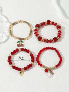 4pcs/Set Versatile Red ABS Beaded Cherry Pendant Bracelets, Suitable For Daily And Vacation Wear - Red - View 3