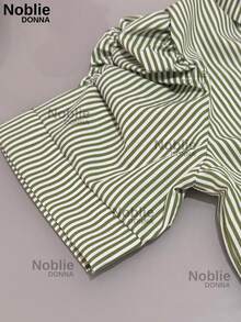 Short-Sleeved Striped Dress Shirt, Elegant Women's Blouse With Buttons Down The Front, For Office Use. - 綠色條紋 - 查看 4