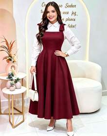 Tailored Dress With Wide Straps And Bow, Code 02, Evangelical Fashion (Shirt Not Included) - Burdeos - Ver 1
