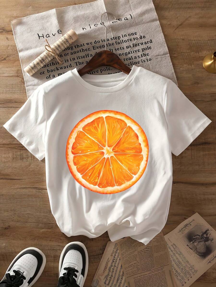 Camiseta de manga corta naranja brillante para mujer, estampado de frutas cítricas - Top casual de verano con cuello redondo, ligero y lavable a máquina, ropa casual versátil adecuada para primavera y verano (diseño naranja) - Camiseta unisex de algodón holgada de manga corta y cuello redondo estilo vintage urbano. - Blanco - Ver 1